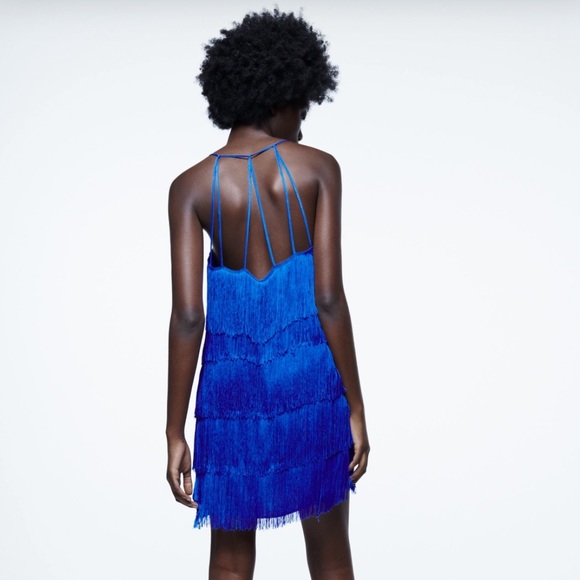 ZARA - Fringed Cobalt Blue Mini Dress - Picture 4 of 14